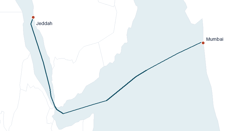 Sea route map from Mumbai to Jeddah &mdash; 2386 nautical miles