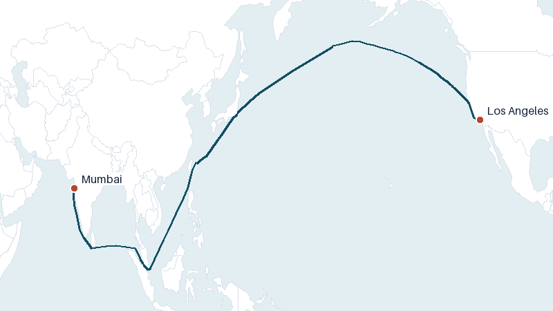 Sea route map from Mumbai to Los Angeles &mdash; 10262 nautical miles