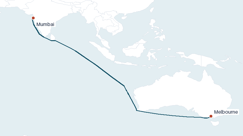 Sea route map from Mumbai to Melbourne &mdash; 5776 nautical miles