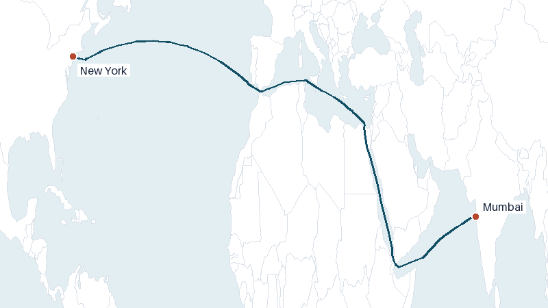 Sea route map from Mumbai to New York &mdash; 8183 nautical miles
