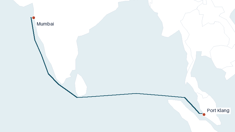 Sea route map from Mumbai to Port Klang &mdash; 2326 nautical miles