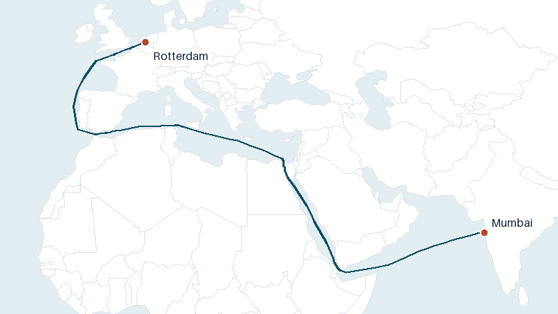 Sea route map from Mumbai to Rotterdam &mdash; 6380 nautical miles