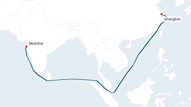 Sea route map from Mumbai to Shanghai &mdash; 4719 nautical miles