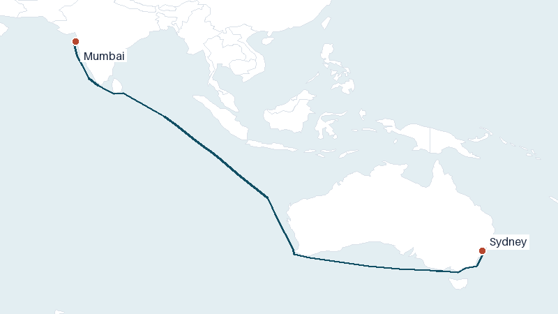 Sea route map from Mumbai to Sydney &mdash; 6271 nautical miles