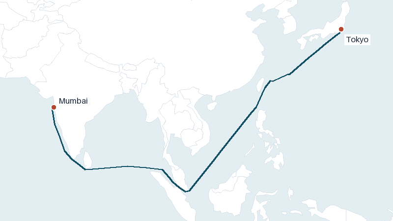 Sea route map from Mumbai to Tokyo &mdash; 5457 nautical miles