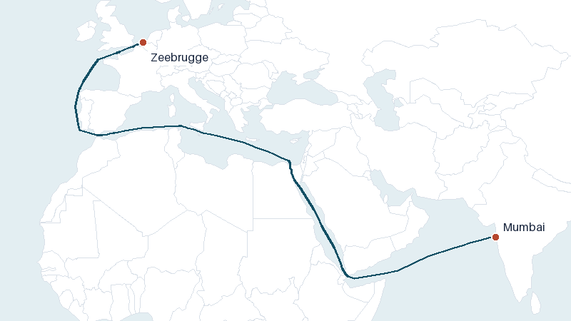 Sea route map from Mumbai to Zeebrugge &mdash; 6320 nautical miles