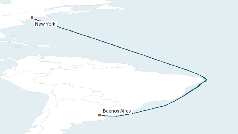 Sea route map from New York to Buenos Aires &mdash; 5927 nautical miles