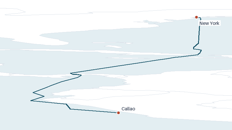 Sea route map from New York to Callao &mdash; 3412 nautical miles