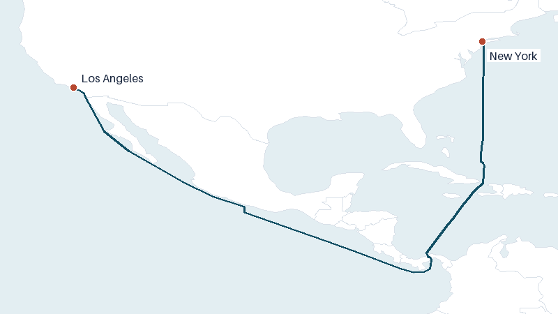 Sea route map from New York to Los Angeles &mdash; 5027 nautical miles