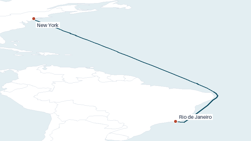 Sea route map from New York to Rio de Janeiro &mdash; 4844 nautical miles