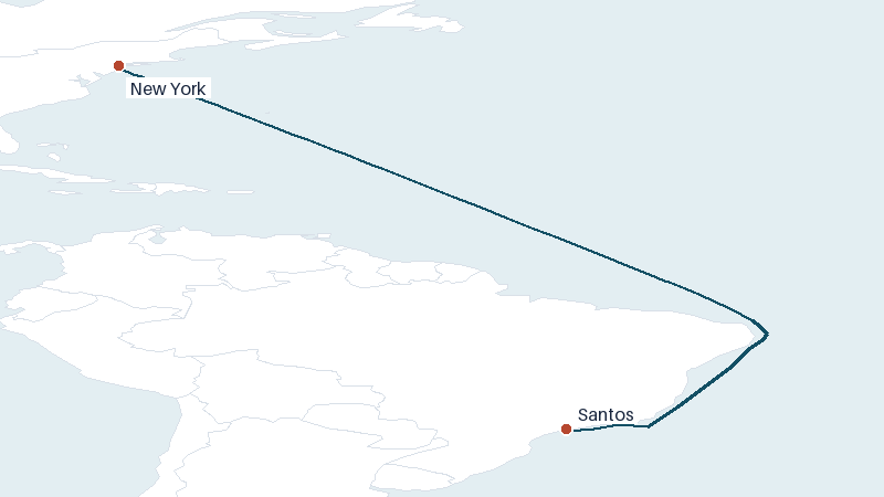 Sea route map from New York to Santos &mdash; 5036 nautical miles