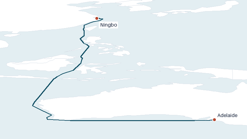 Sea route map from Ningbo to Adelaide &mdash; 5256 nautical miles