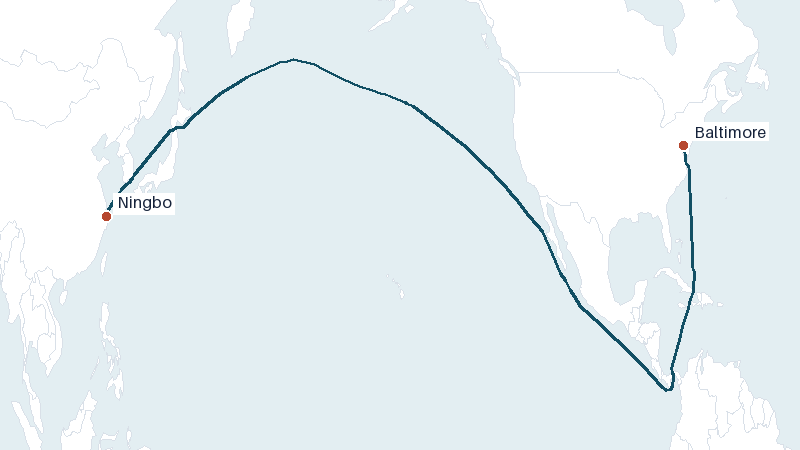 Sea route map from Ningbo to Baltimore &mdash; 10670 nautical miles