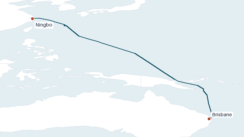 Sea route map from Ningbo to Brisbane &mdash; 4168 nautical miles