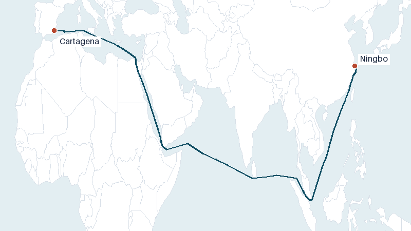 Sea route map from Ningbo to Cartagena &mdash; 8873 nautical miles