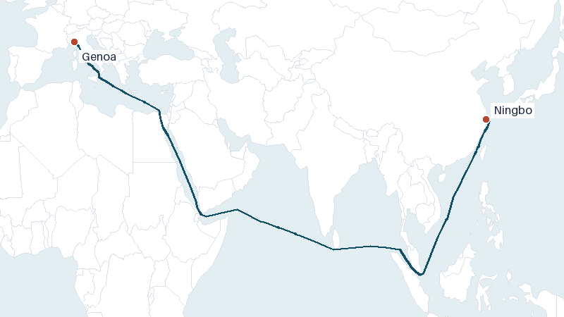 Sea route map from Ningbo to Genoa &mdash; 8605 nautical miles