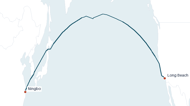 Sea route map from Ningbo to Long Beach &mdash; 5817 nautical miles