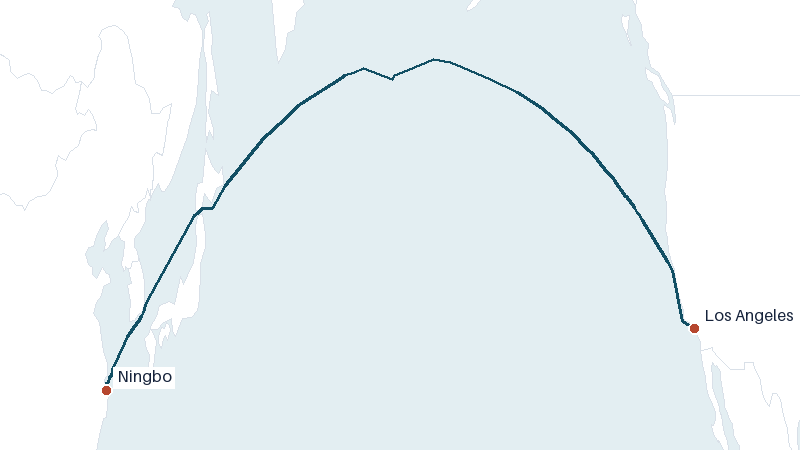 Sea route map from Ningbo to Los Angeles &mdash; 5783 nautical miles