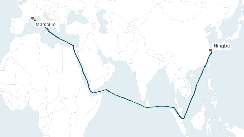 Sea route map from Ningbo to Marseille &mdash; 8707 nautical miles