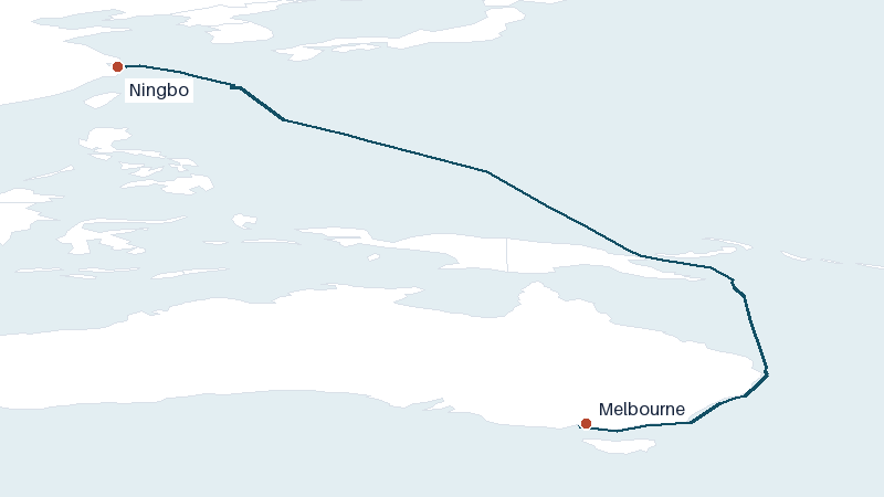 Sea route map from Ningbo to Melbourne &mdash; 5154 nautical miles