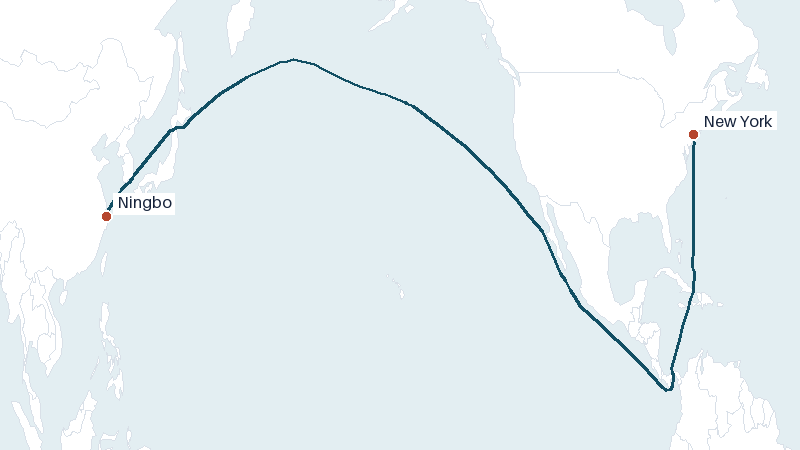 Sea route map from Ningbo to New York &mdash; 10732 nautical miles