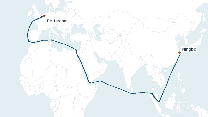 Sea route map from Ningbo to Rotterdam &mdash; 10477 nautical miles