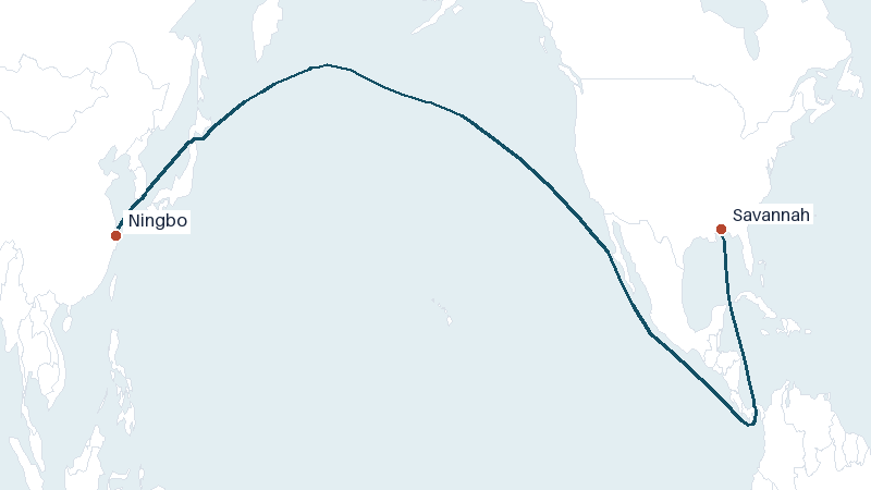 Sea route map from Ningbo to Savannah &mdash; 10120 nautical miles