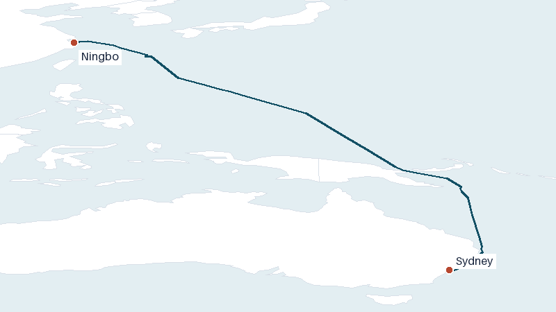 Sea route map from Ningbo to Sydney &mdash; 4597 nautical miles