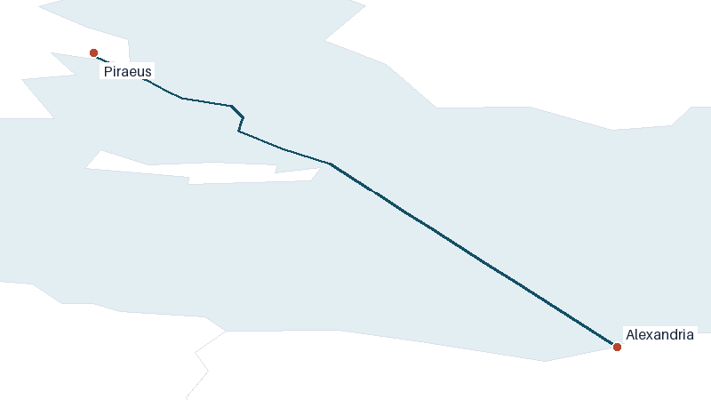 Sea route map from Piraeus to Alexandria &mdash; 518 nautical miles