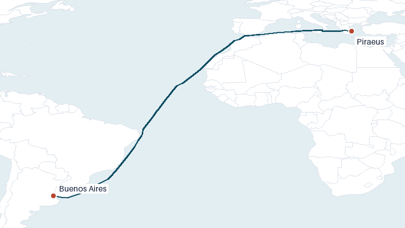Sea route map from Piraeus to Buenos Aires &mdash; 6803 nautical miles