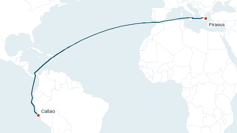 Sea route map from Piraeus to Callao &mdash; 7204 nautical miles