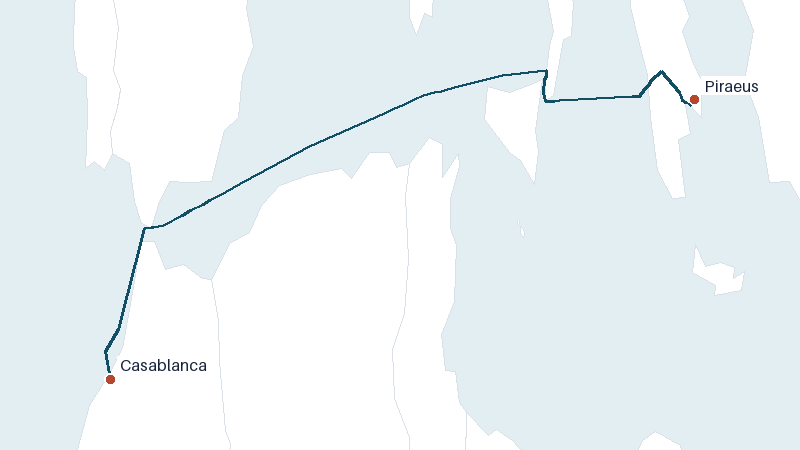 Sea route map from Piraeus to Casablanca &mdash; 1641 nautical miles