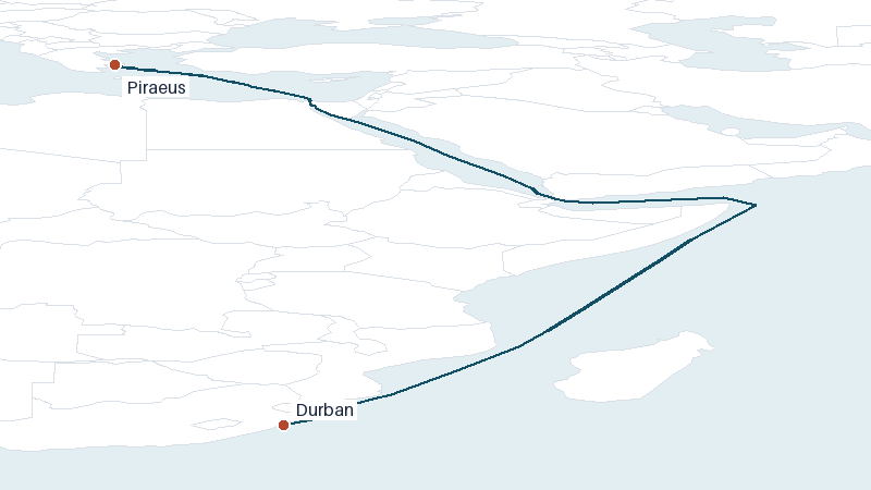 Sea route map from Piraeus to Durban &mdash; 5244 nautical miles