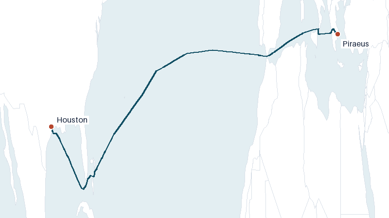 Sea route map from Piraeus to Houston &mdash; 6217 nautical miles