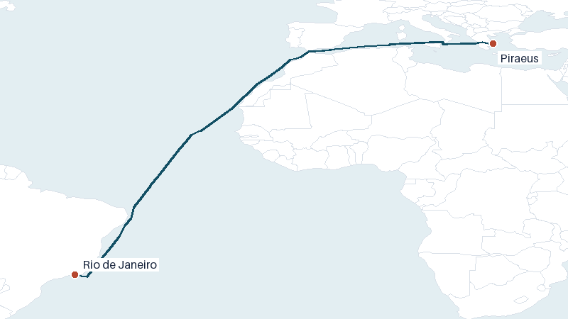 Sea route map from Piraeus to Rio de Janeiro &mdash; 5720 nautical miles