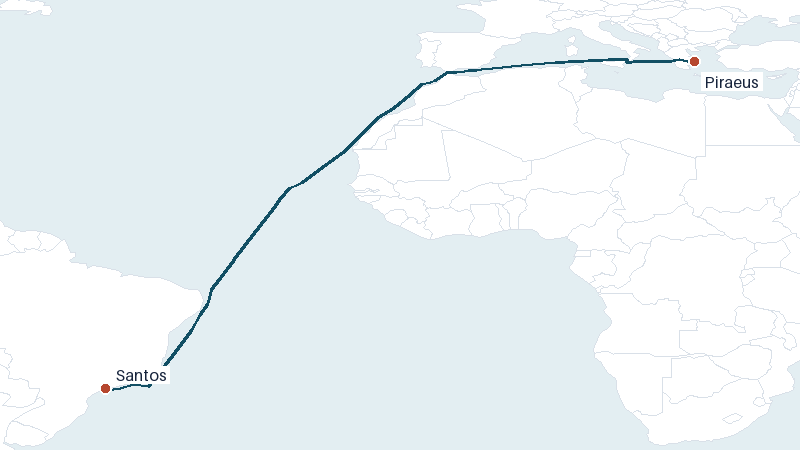 Sea route map from Piraeus to Santos &mdash; 5913 nautical miles