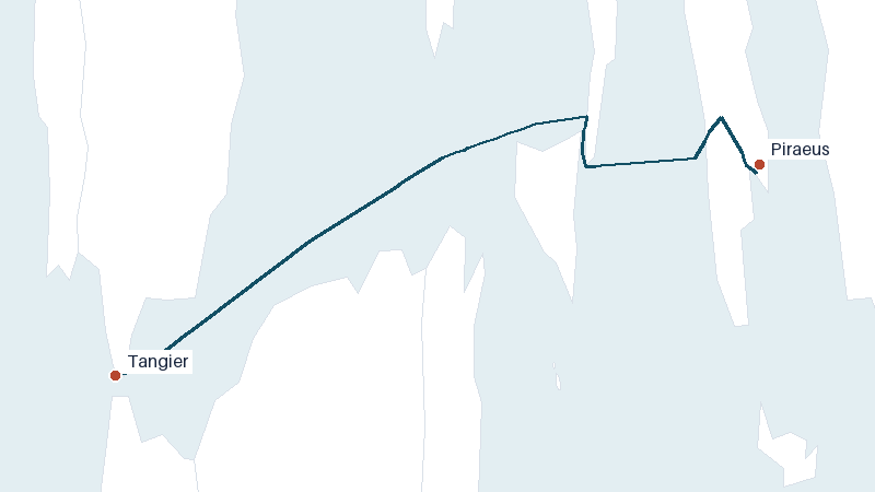 Sea route map from Piraeus to Tangier &mdash; 1459 nautical miles