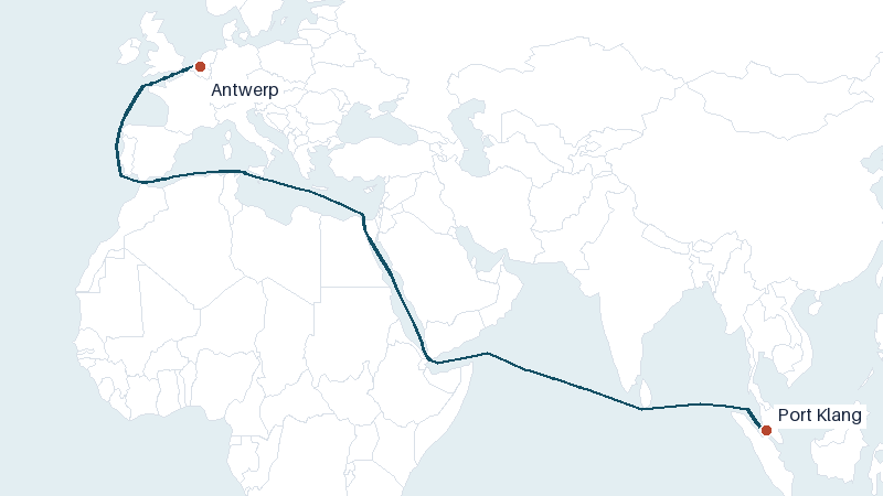 Sea route map from Port Klang to Antwerp &mdash; 8177 nautical miles