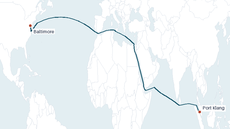 Sea route map from Port Klang to Baltimore &mdash; 10304 nautical miles
