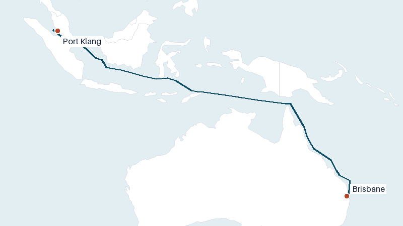 Sea route map from Port Klang to Brisbane &mdash; 4073 nautical miles