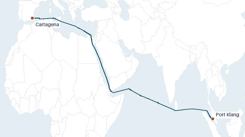 Sea route map from Port Klang to Cartagena &mdash; 6595 nautical miles