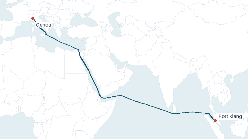 Sea route map from Port Klang to Genoa &mdash; 6327 nautical miles