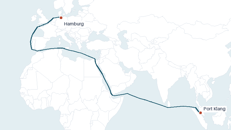 Sea route map from Port Klang to Hamburg &mdash; 8450 nautical miles