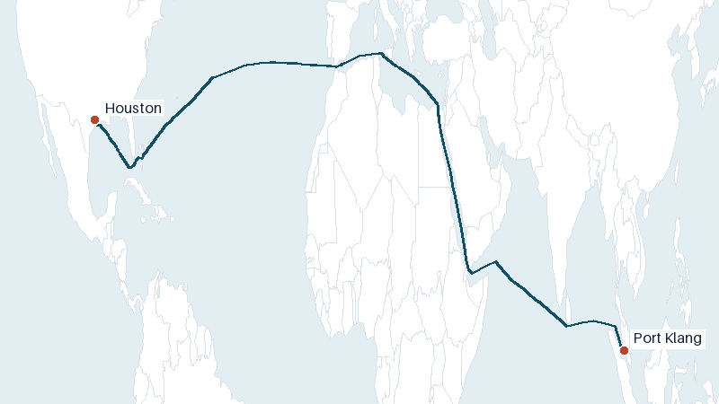 Sea route map from Port Klang to Houston &mdash; 11581 nautical miles
