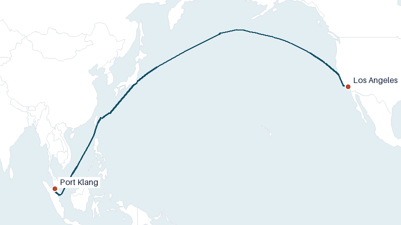 Sea route map from Port Klang to Los Angeles &mdash; 8037 nautical miles
