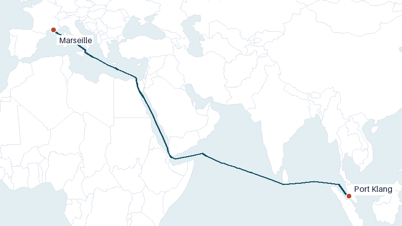 Sea route map from Port Klang to Marseille &mdash; 6429 nautical miles
