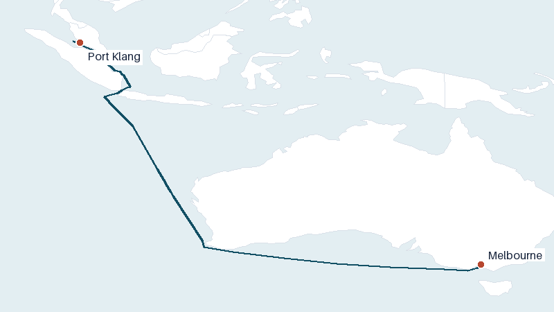 Sea route map from Port Klang to Melbourne &mdash; 4193 nautical miles