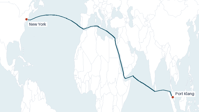 Sea route map from Port Klang to New York &mdash; 10001 nautical miles
