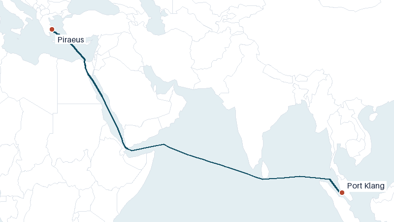Sea route map from Port Klang to Piraeus &mdash; 5484 nautical miles