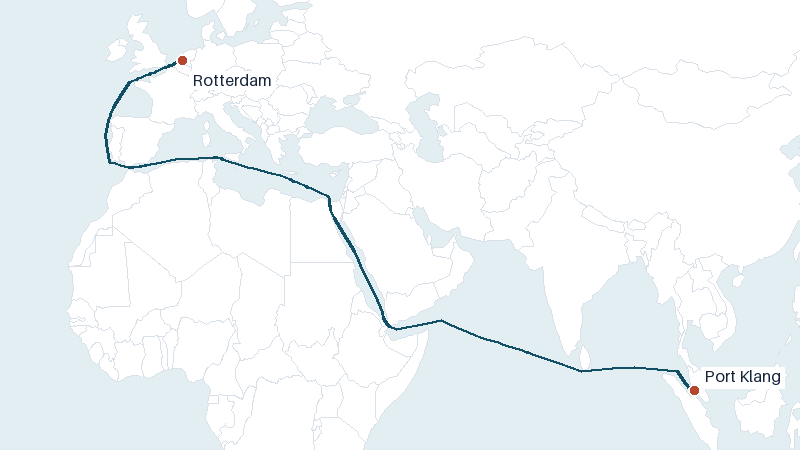 Sea route map from Port Klang to Rotterdam &mdash; 8198 nautical miles